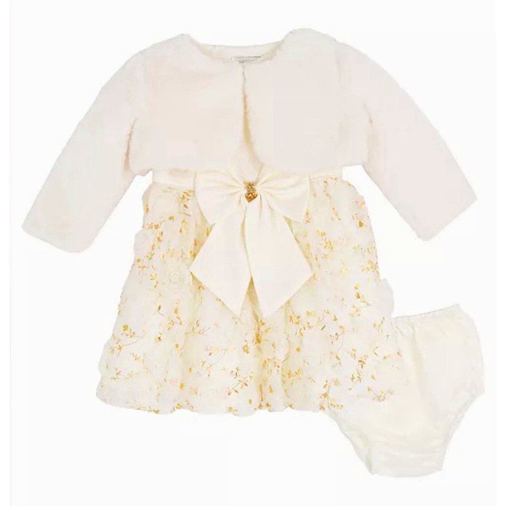 NEW Rare Editions Girls 3-Piece Ivory/Gold Floral Satin Dress Set Faux Fur 18M